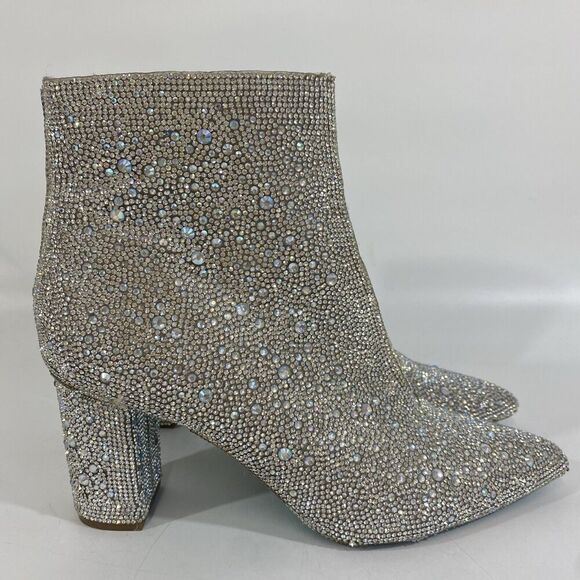 Betsey Johnson Cady Go Go Ankle Boots Silver Rhinestone Disco Dancing 9.5 - Picture 1 of 12